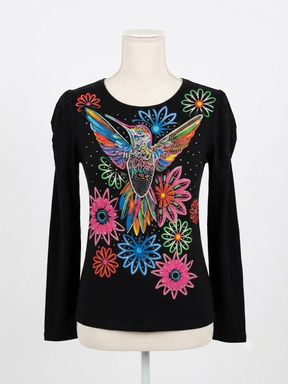 NWT ¡Ay Güey! Black Hummingbird Rhinestone Long Sleeve Top Small S